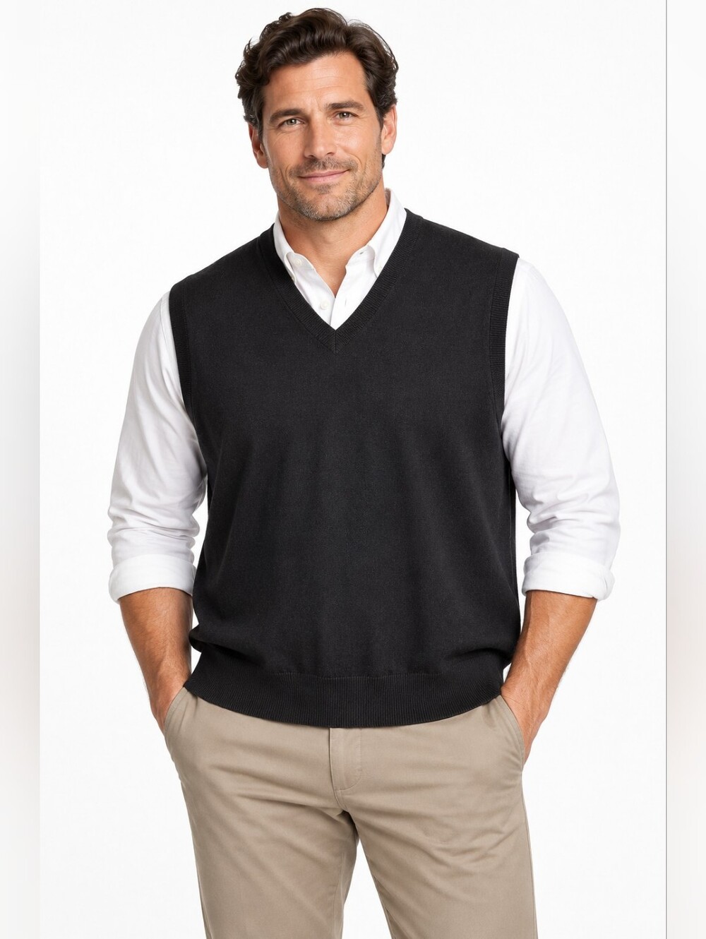 Lands’ End Men’s XL Black 100% Cashmere V-Neck Sweater Vest Old Money Preppy